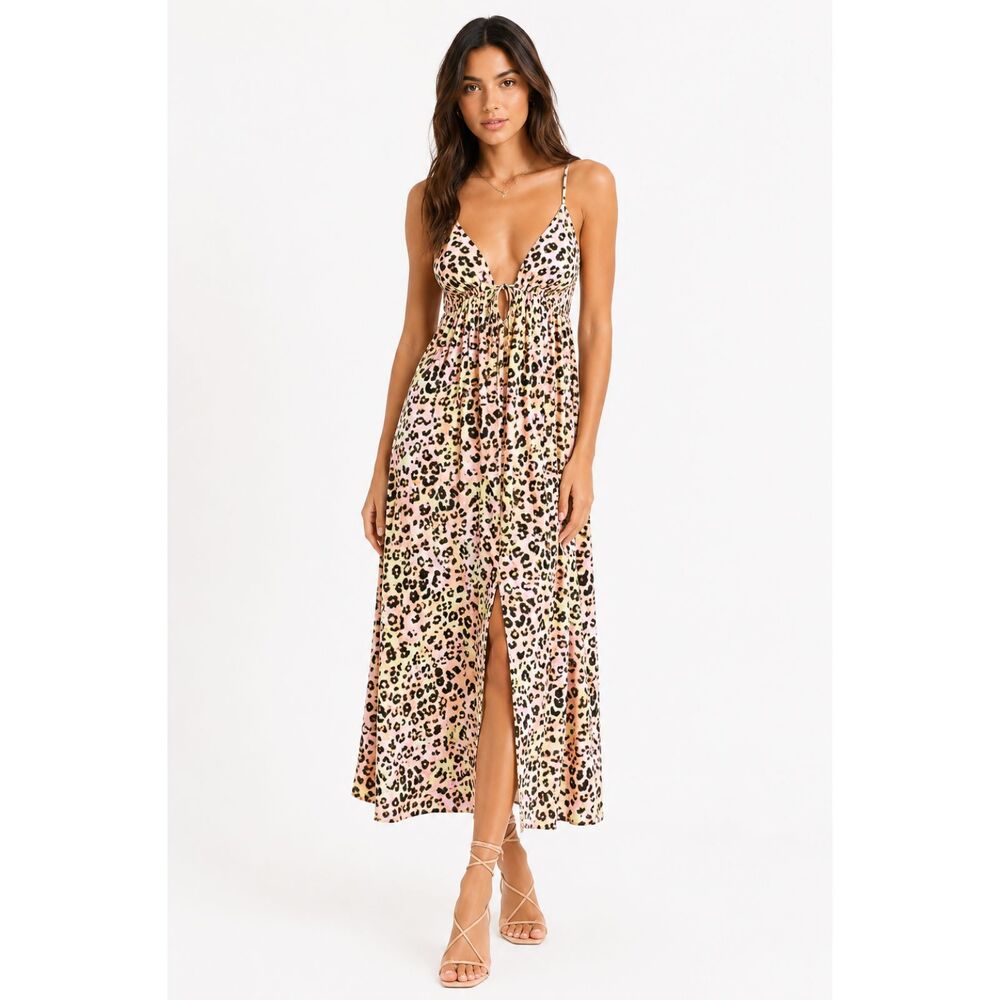 Bar III NEW Leopard Cheetah Print Sleeveless Maxi Dress Pink Yellow Summer XL